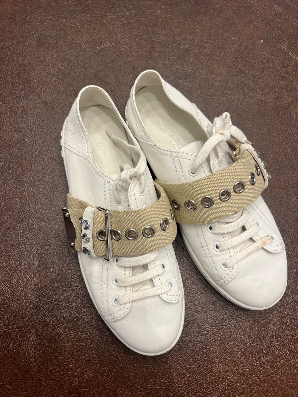 Miu Miu White Leather Sneakers with Beige Studded Strap